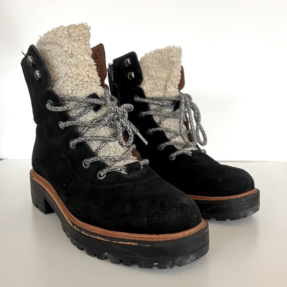 Marc Fisher LTD Lizzie Suede Faux Shearling Lace up Mid Rise Winter Boots, 6.5